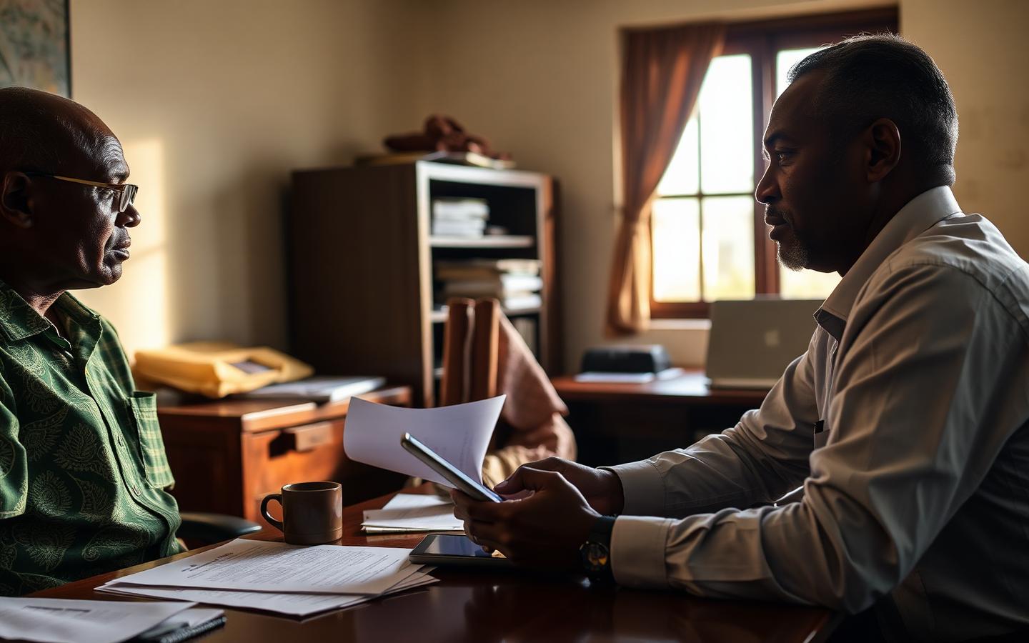 Farmer reviewing documents with a financial officer at a desk
