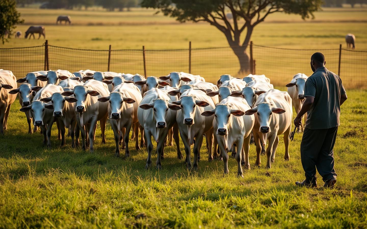 Herd of cattle grazing on managed pasture inside a fenced ranch