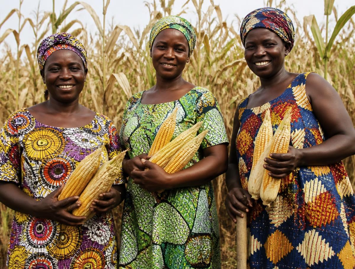 Women farmers holding harvested maize in a Nigerian field