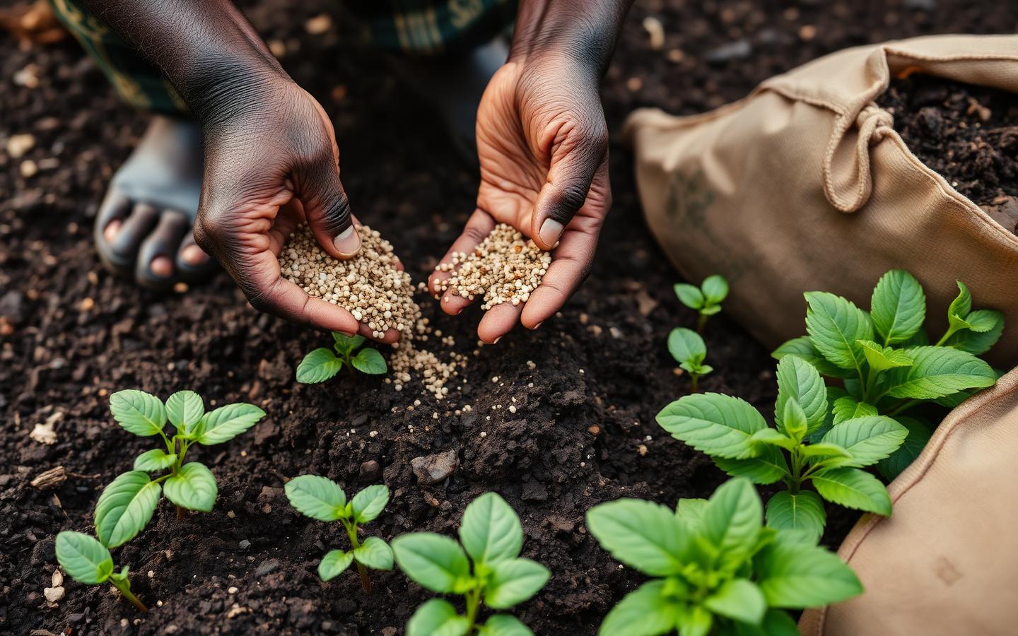 Farmer's hands applying organic fertilizer to dark soil around young crops
