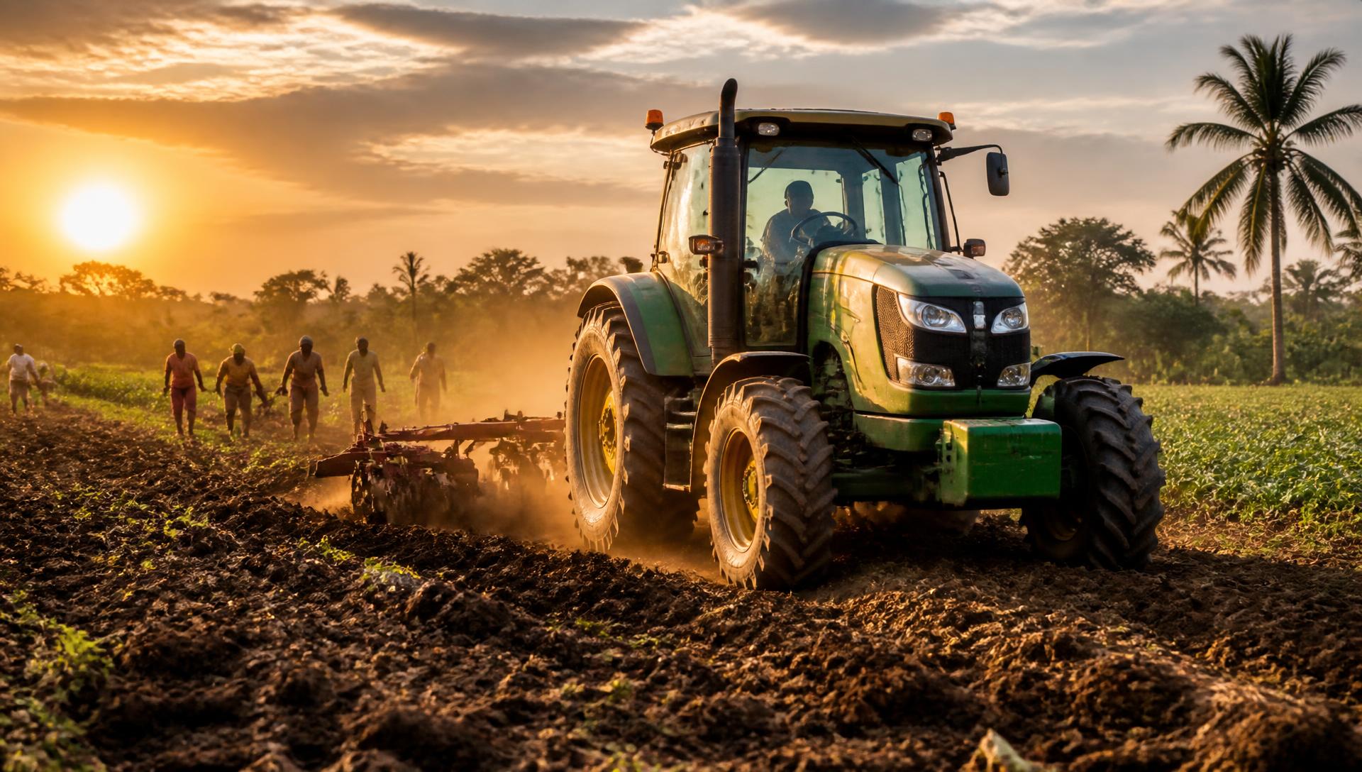 Tractor ploughing a Nigerian farm field at sunset with farmers nearby