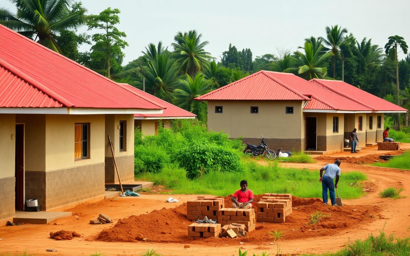Modest affordable homes under construction in a rural Nigerian farming community