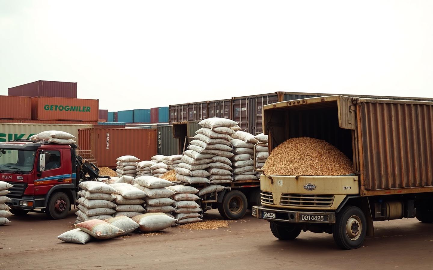 Trucks and shipping containers being loaded with sacks of grain at a warehouse