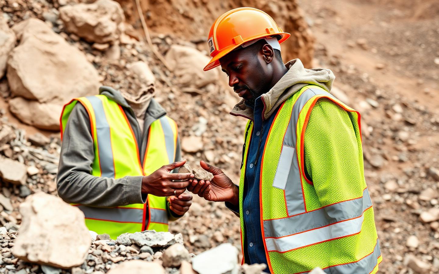 Geologist in safety gear examining mineral samples at a regulated site