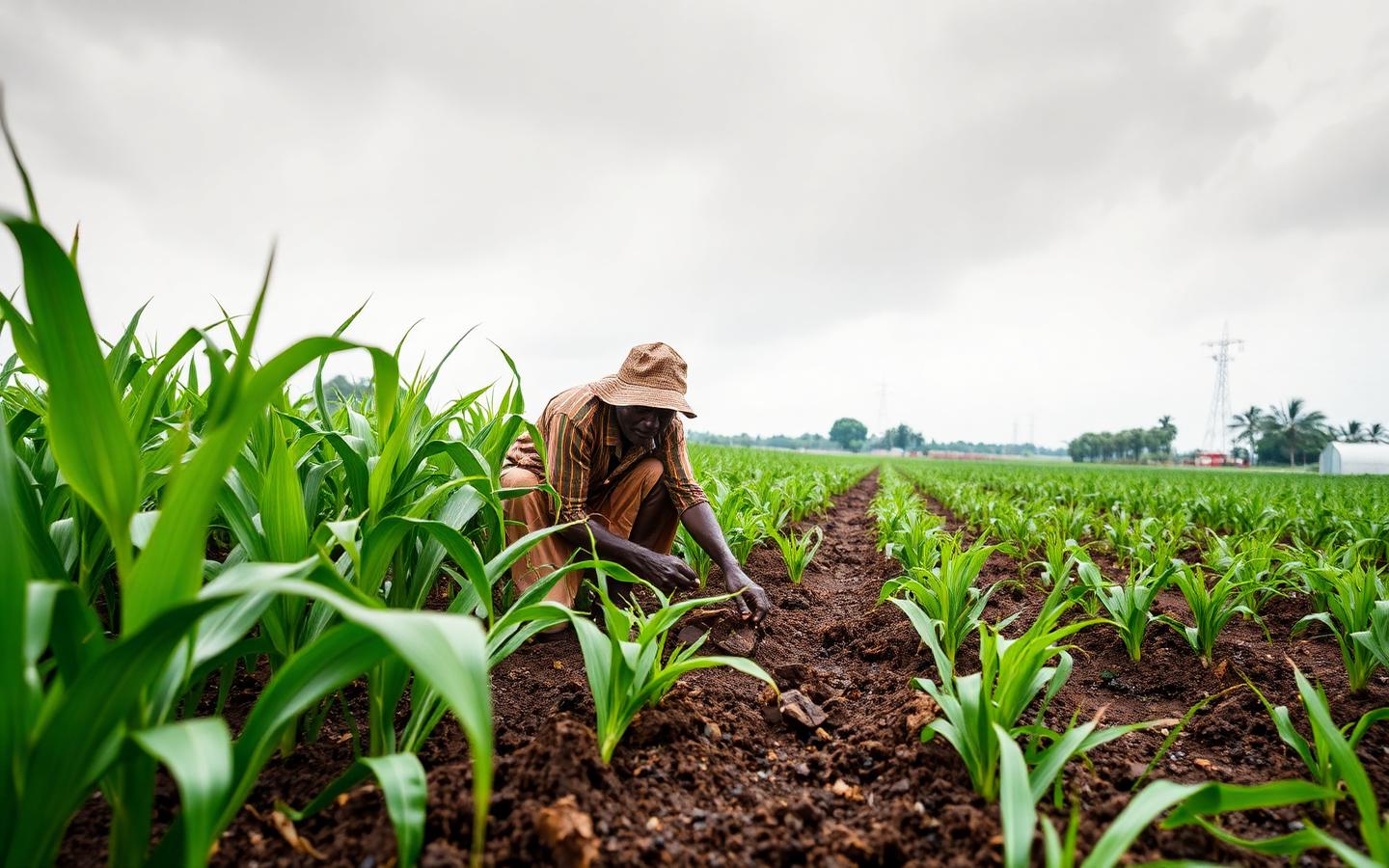 Farmer tending young maize plants in a rain-fed field during the wet season
