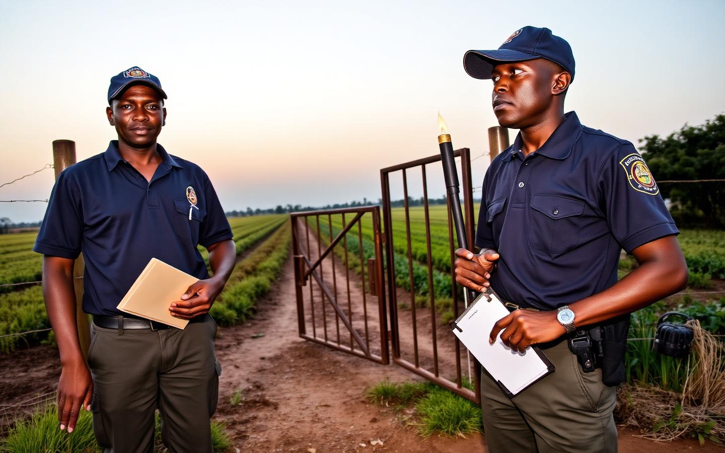 Two unarmed farm security officers in plain uniforms beside a farm gate at sunrise