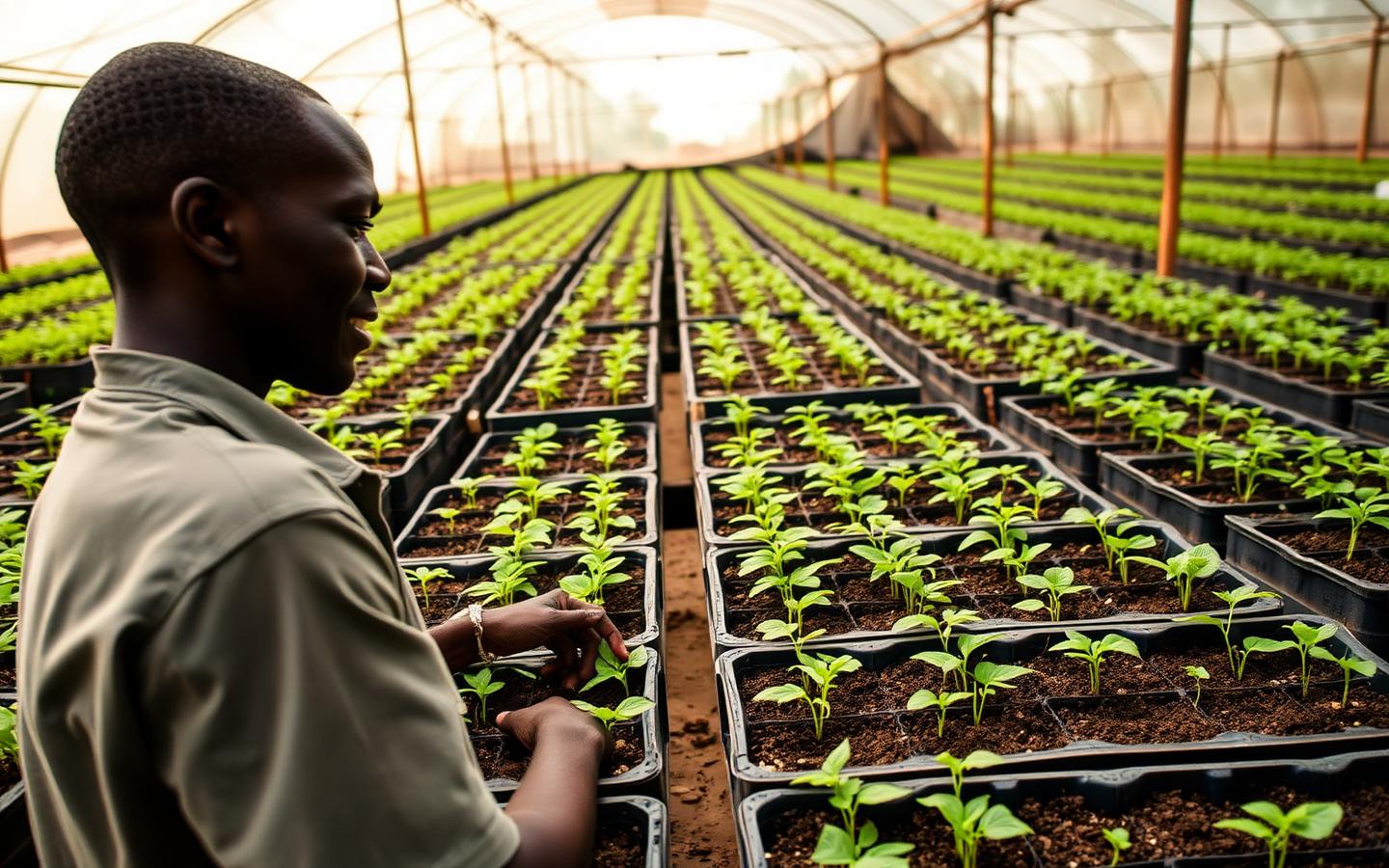 Rows of young seedlings in nursery trays inspected by a nursery worker