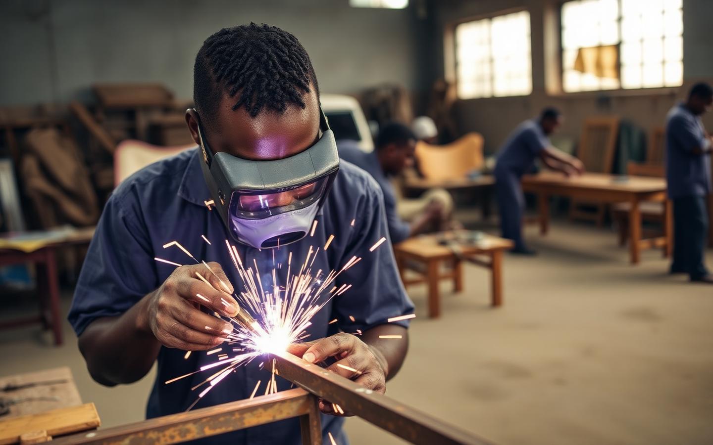 Young Nigerian artisan welding a metal frame in a training workshop
