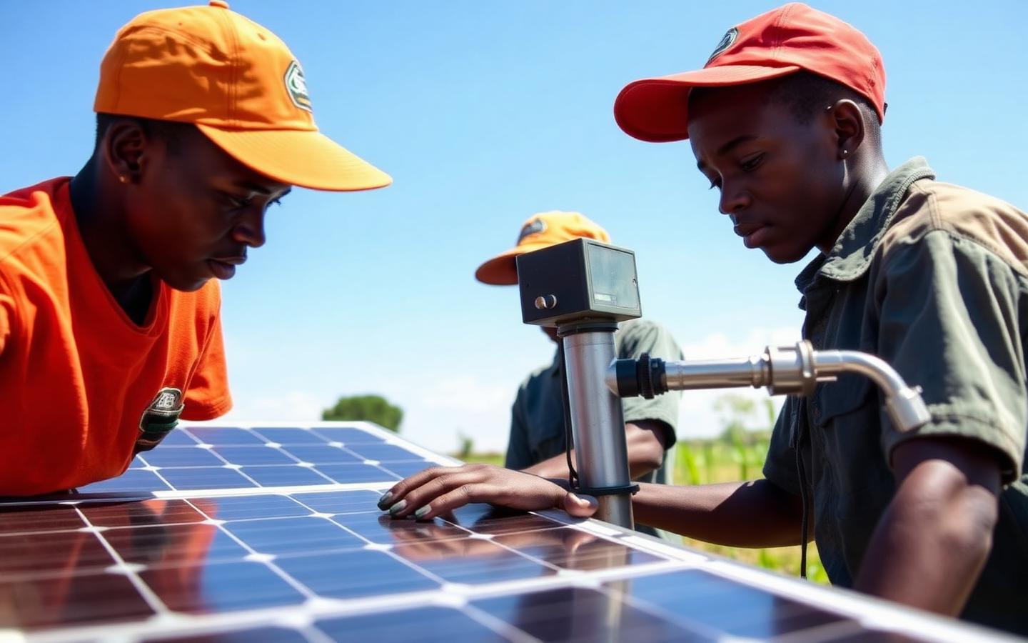 Young technicians installing solar panels beside a solar-powered irrigation pump