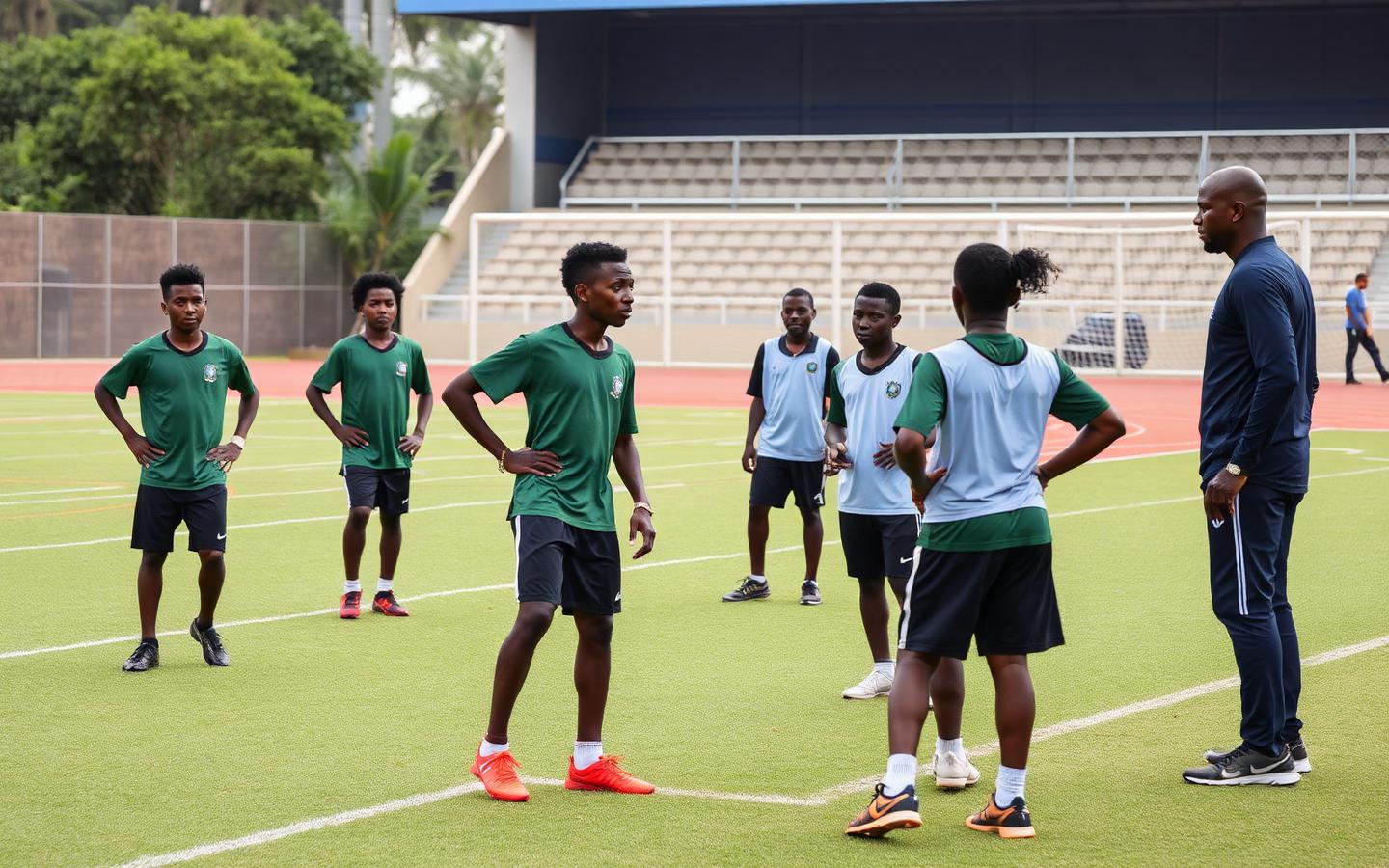 Young Nigerian athletes training on a football pitch with their coach