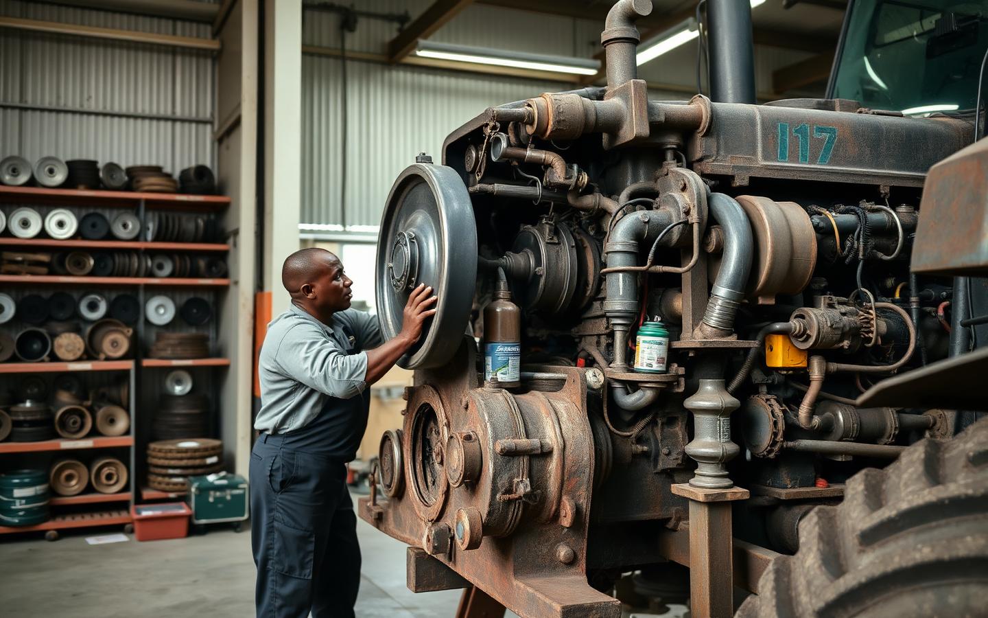 Technician servicing a tractor engine in an agricultural machinery workshop